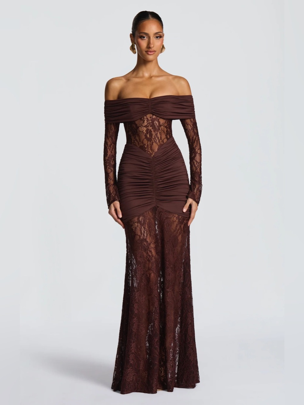 Babyboo Sauline Off-Shoulder Lace Evening Dress in plum brown